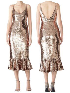 Saloni Aiden Gold Sequin Midi Dress Slip Mermaid Hem US 12